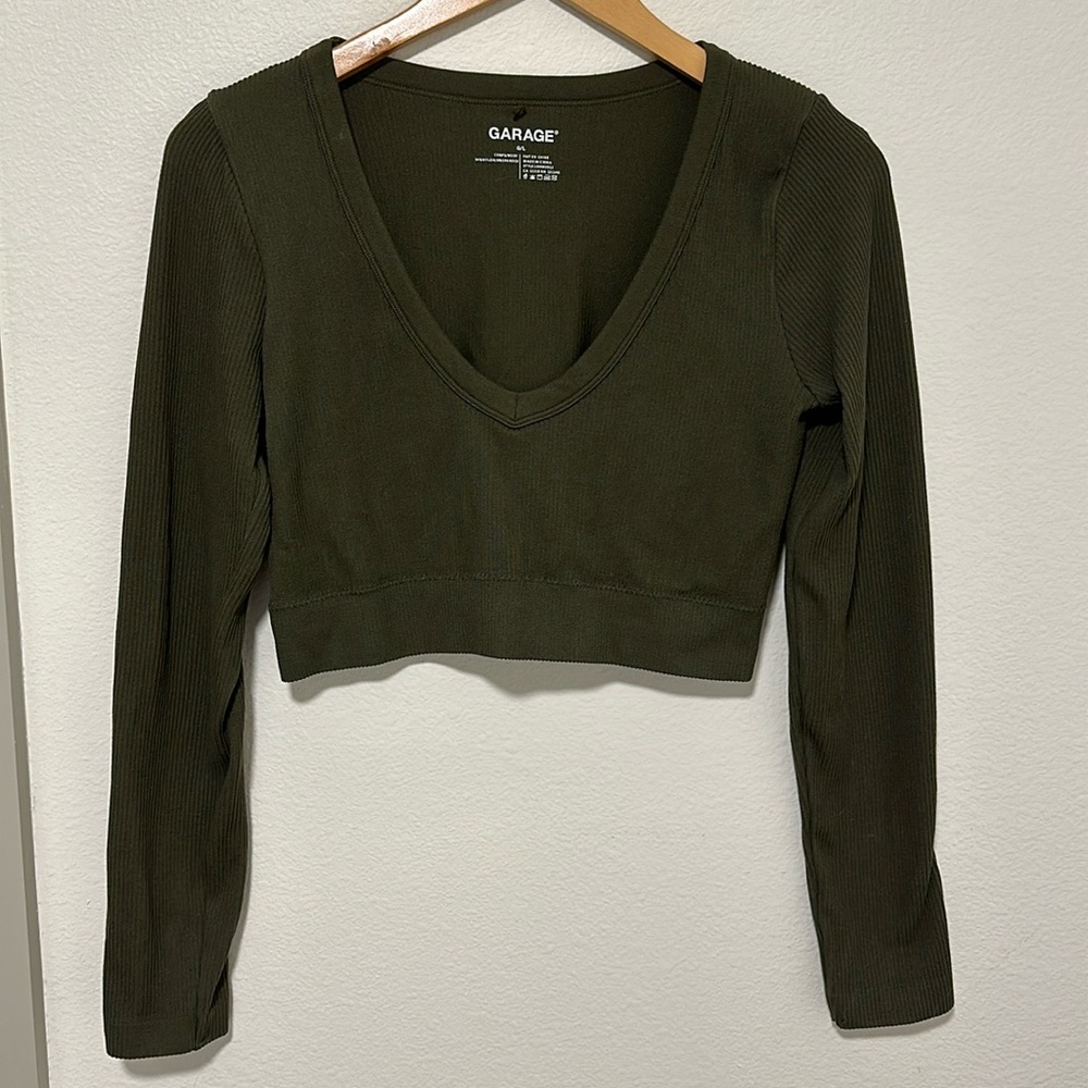 Olive Green Garage stretchy long sleeve crop top